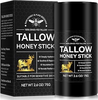Beef Tallow for Skin, Organic Beef Tallow Balm Stick, 100% Grass-Fed Honey & Beeswax, Deep Hydration For Dry & Aging Skin, Natural Barrier, Nourishing Moisturizer, 2.6oz