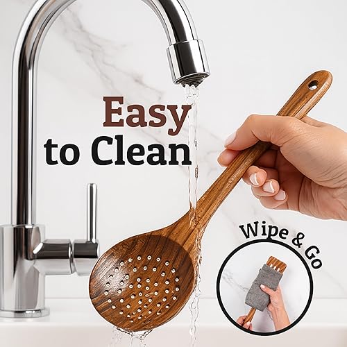 Miniatura 8 de PriorityChef Cuchara Espumadera de Madera  Cuchara Grande Ranurada de Teca para Cocinar o Freír, con Mango Largo, Segura para Antiadherente y