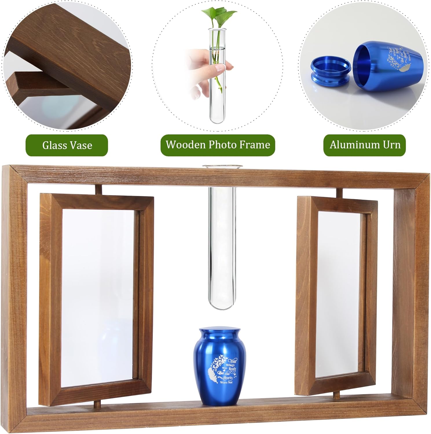 Small Urn for Human Ashes and Memorial Picture Frame Hold Two 4’’ x 6’’ Photo with Hydroponics Glass Vase,Mini Keepsake Urn（Not Included Plant）