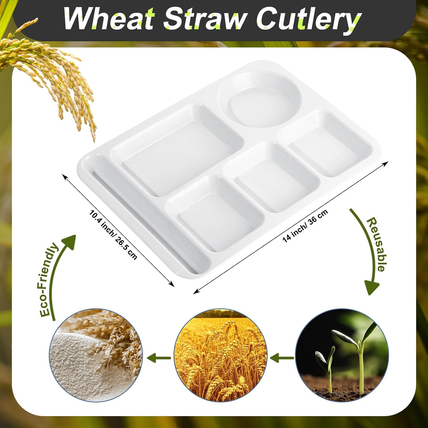 Pinkunn 12 Pcs 14'' Large Divided Plates Unbreakable Wheat Straw Lunch Trays 6 Compartments Cafeteria Trays Microwave Dishwasher Safe Food Separator Plates (White)