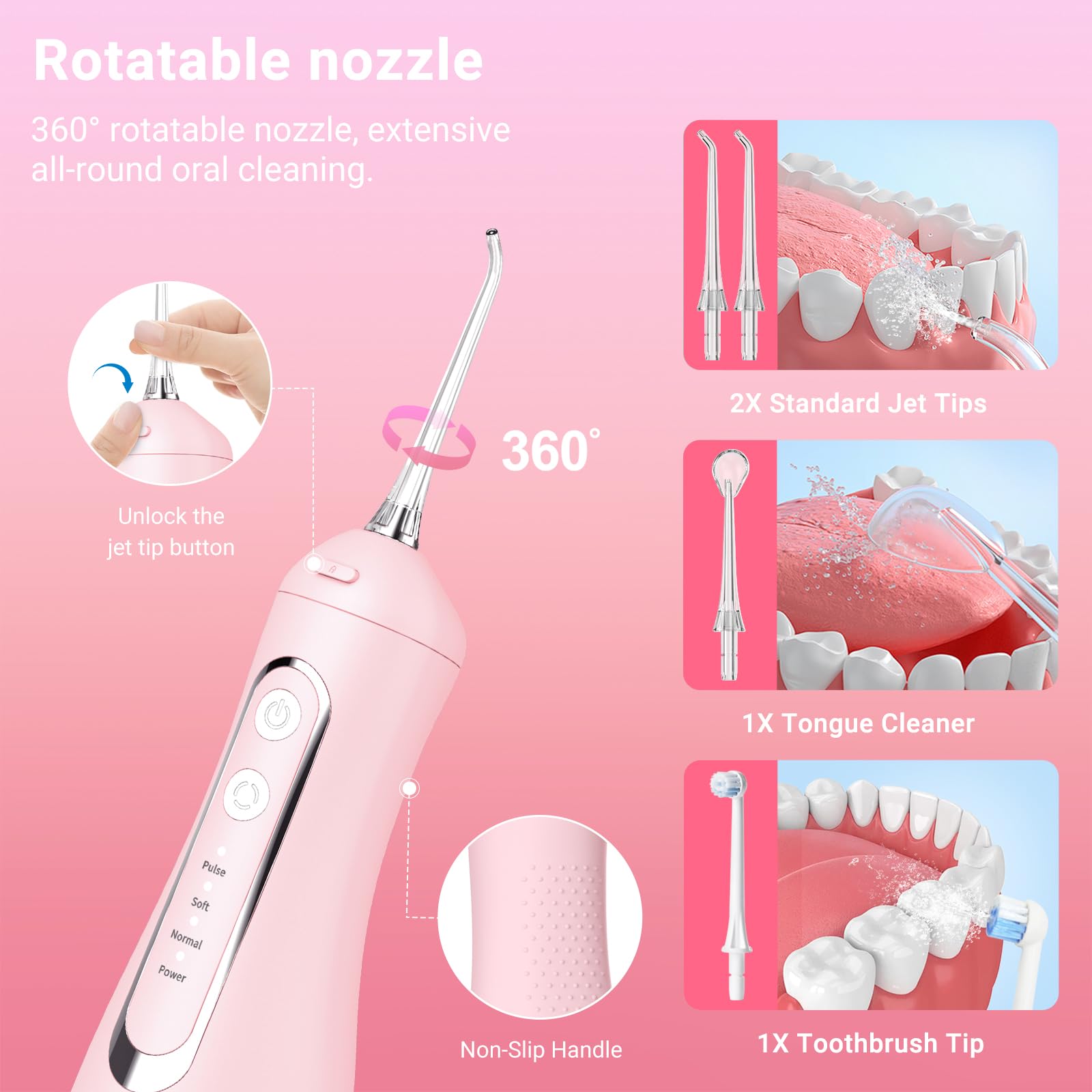 JNGOODS JNGOODS - Irrigador bucal inalámbrico de agua, 300 ml, recargable para dientes, IPX7, impermeable, 4 modos, irrigador oral portátil con 4 puntas de chorro, uso doméstico de viaje (rosa)