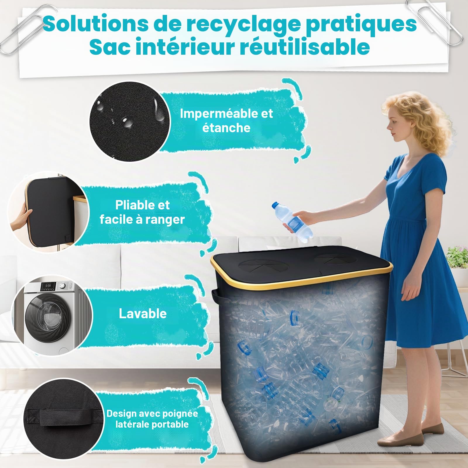 Poubelle Cuisine 140l,Poubelle Tri Selectif 2 Bac Poubelle Recyclage Poubelle Verre Poubelle Tri Selectif Sac Tri Selectif Conteneur De Collecte De Bouteilles Réutilisables(2 sac, 2trou