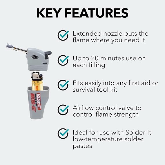 Micro-Jet Torch (MJ-310) | Mini Butane Torch Lighter with Extended Nozzle and Child Safety Lock | Piezo Electronic Ignition | Butane Refill Blow Torch, Soldering Tool, and Grill Lighter