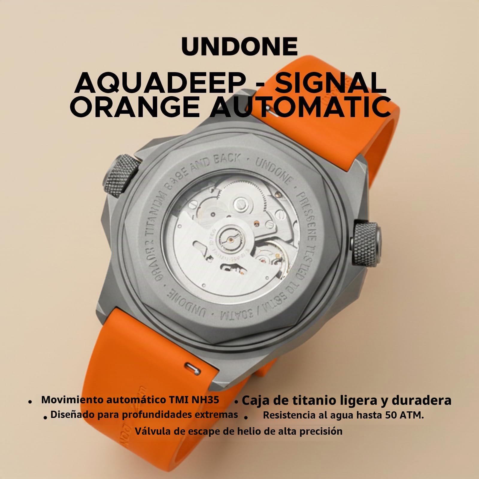Undone Aquadeep - Reloj de Pulsera automático para Hombre, 43 mm, 500 m, Resistente al Agua, Correa de Goma, Titanio, 43mm, Reloj de Buceo