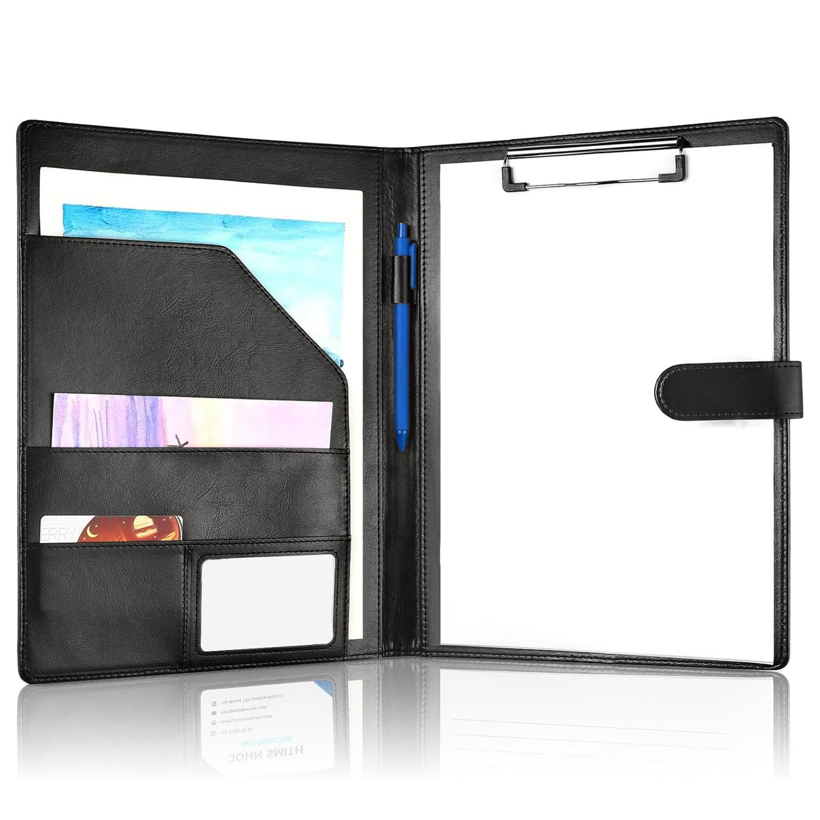 A4 Portfolio Folder, Faux Leather Conference Folder with Magnetic Closure, Stylish Conference Organizer with Storage for Business Organizer Interview and Meeting (Black)