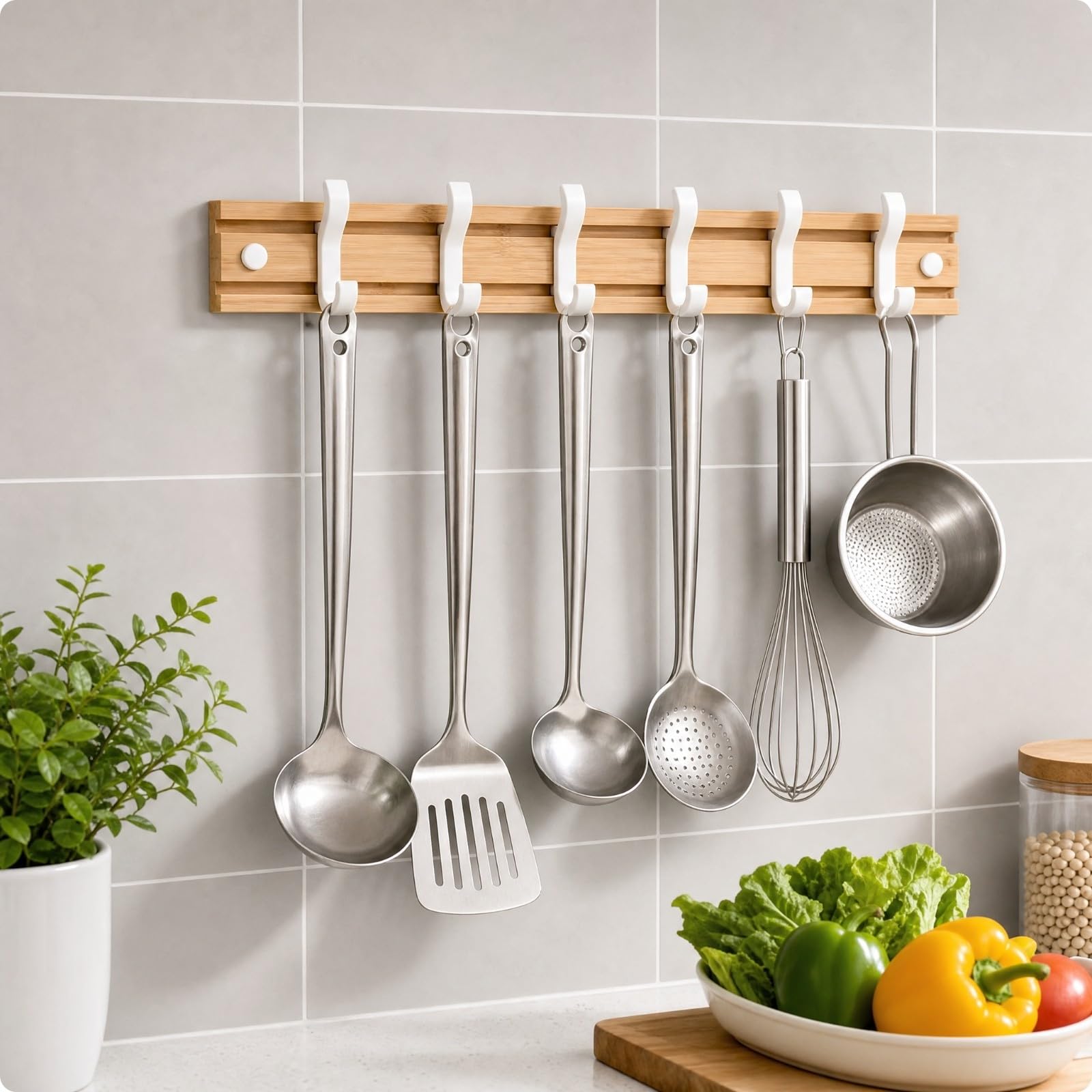 LOVIVER Patère Murale En Bois Rangée s Pratique Portemanteau Mural Multifonction Étagère Rangement Murale pr Salon, Cuisine, 6 Crochets