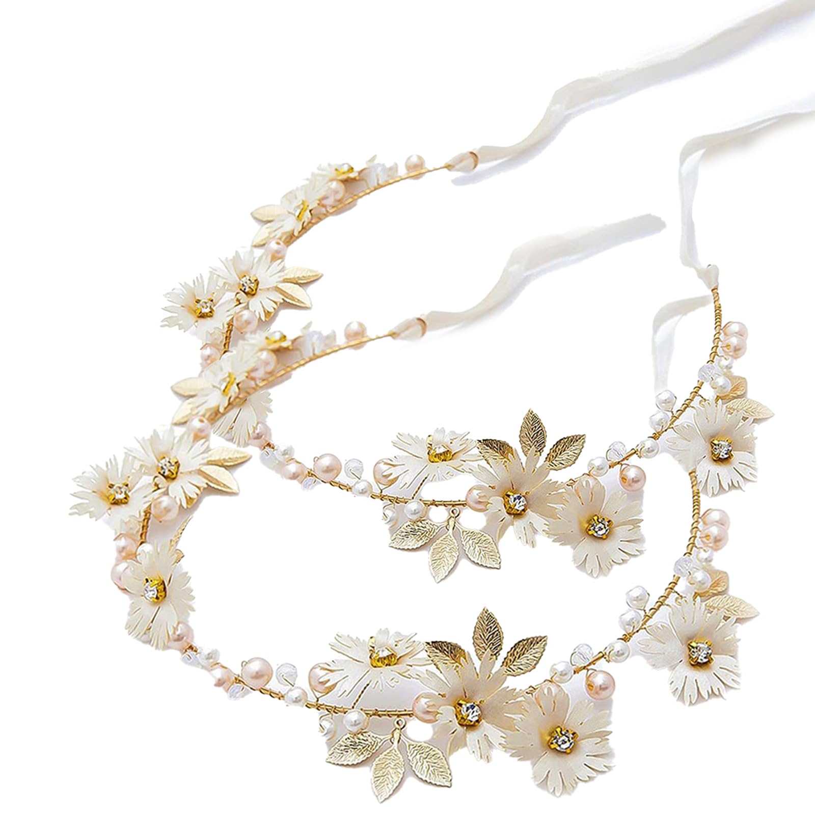 2 PCS Daisy Pearl Flower Headband, Rhinestone Floral Hair Vine