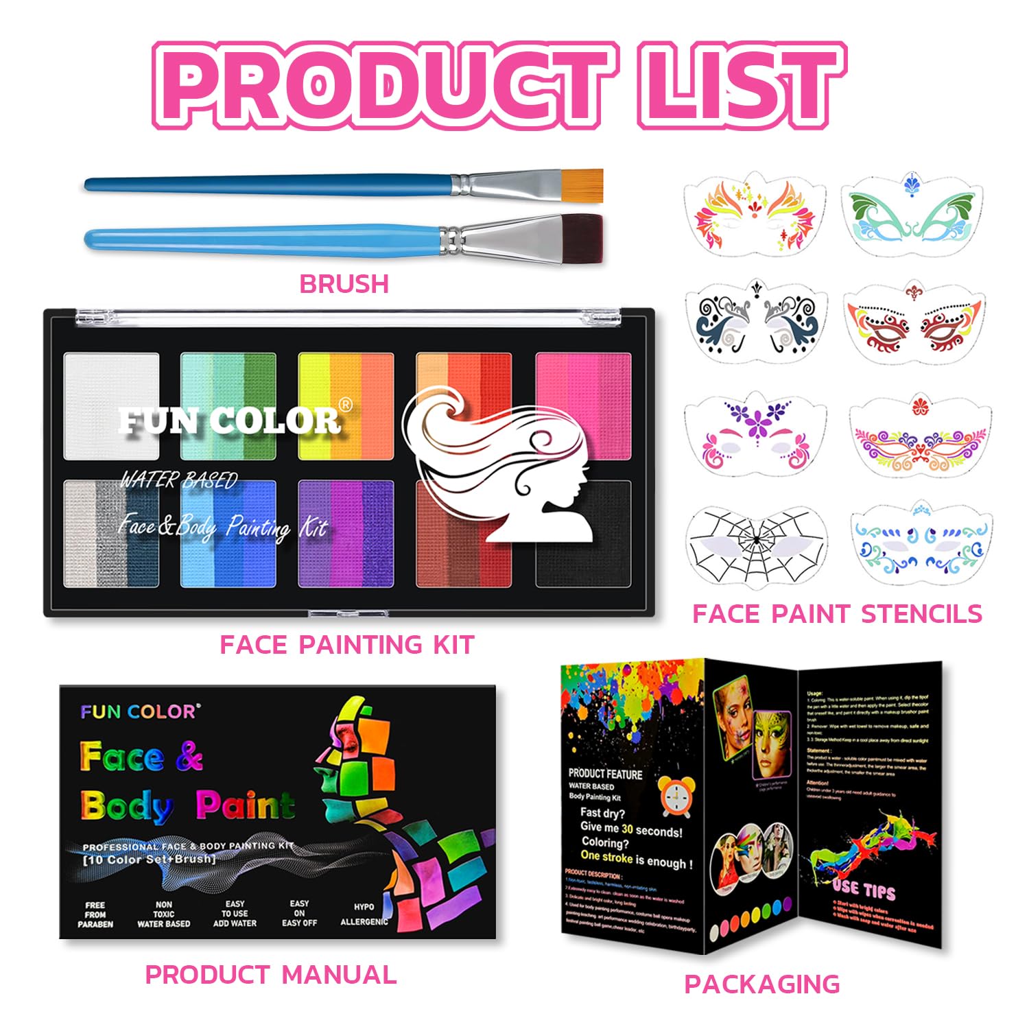 10 Color Rainbow Face Paint Kit with Face Stencils & Brushes - Split Cake Water Activated Palette,Washable Face Paint for Kids, Adults, Professionals Set for Halloween, Cosplay, Parties, Body Art?#02?
