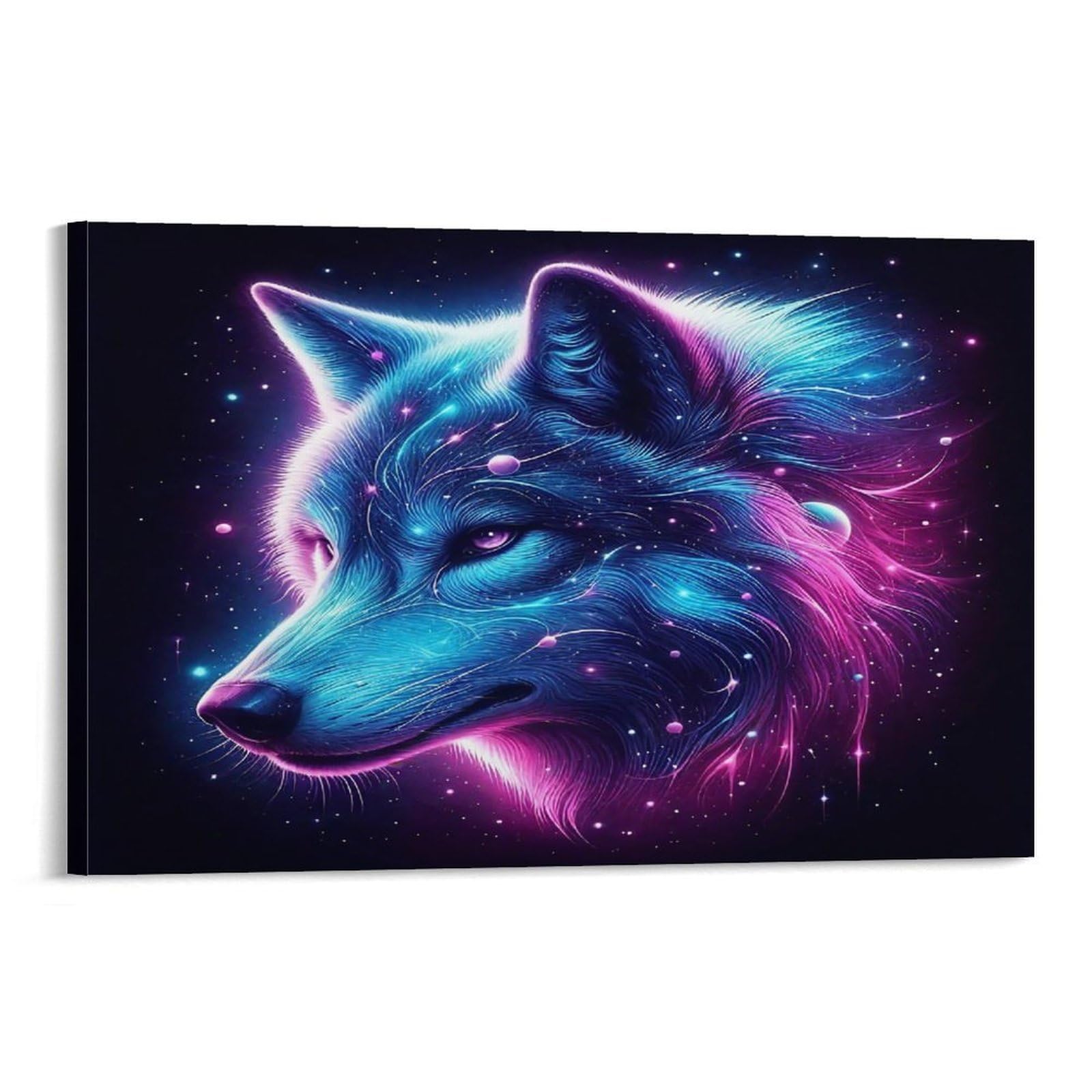 CPLVKWRQJ Snowy Wolves Family in Forest Individual Neon Cosmic Wolf Head Dark Starry Space X Canvas Print - Office Wall Art Fade Resistant Statement Piece Ready to Hang 20x30inch(50x75cm)