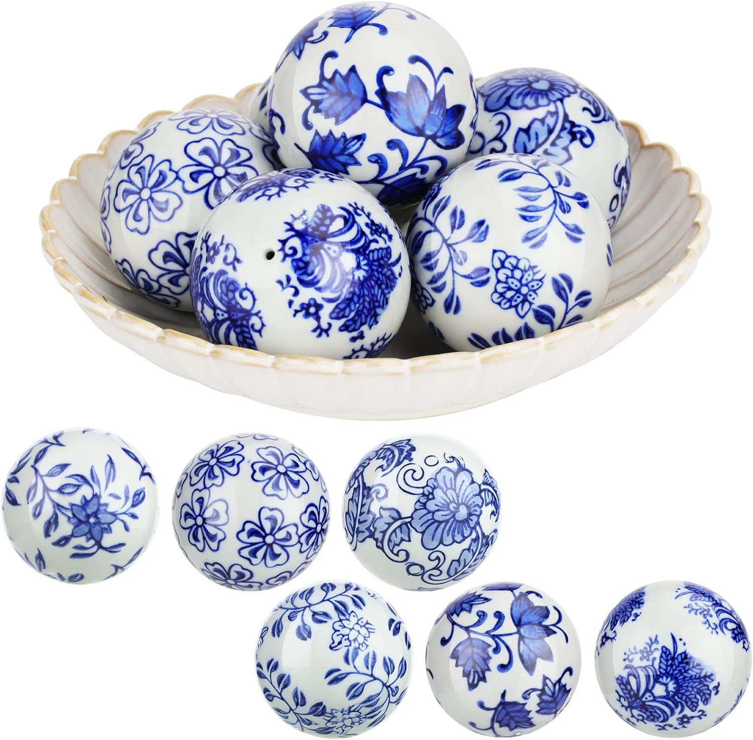 Vesici 6 Pcs Blue and White Porcelain Balls Chinoiserie Decor Decorative Ball for Bowl Centerpiece Tray Basket China Ceramic Orbs Gift for Vases Table Dining Spring Wedding Party Decoration(Pattern 1)
