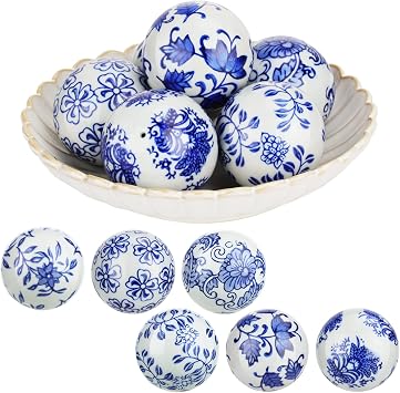Vesici 6 Pcs Blue and White Porcelain Balls Chinoiserie Decor Decorative Ball for Bowl Centerpiece Tray Basket China Ceramic Orbs Gift for Vases Table Dining Spring Wedding Party DecorationPattern 1