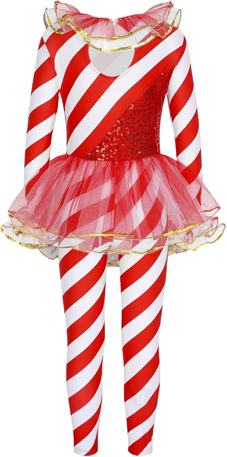 Choomomo Girls Christmas Candy Cane Jumpsuit Long Sleeve Striped Sequins Gymnastics Ballet Dance Unitard