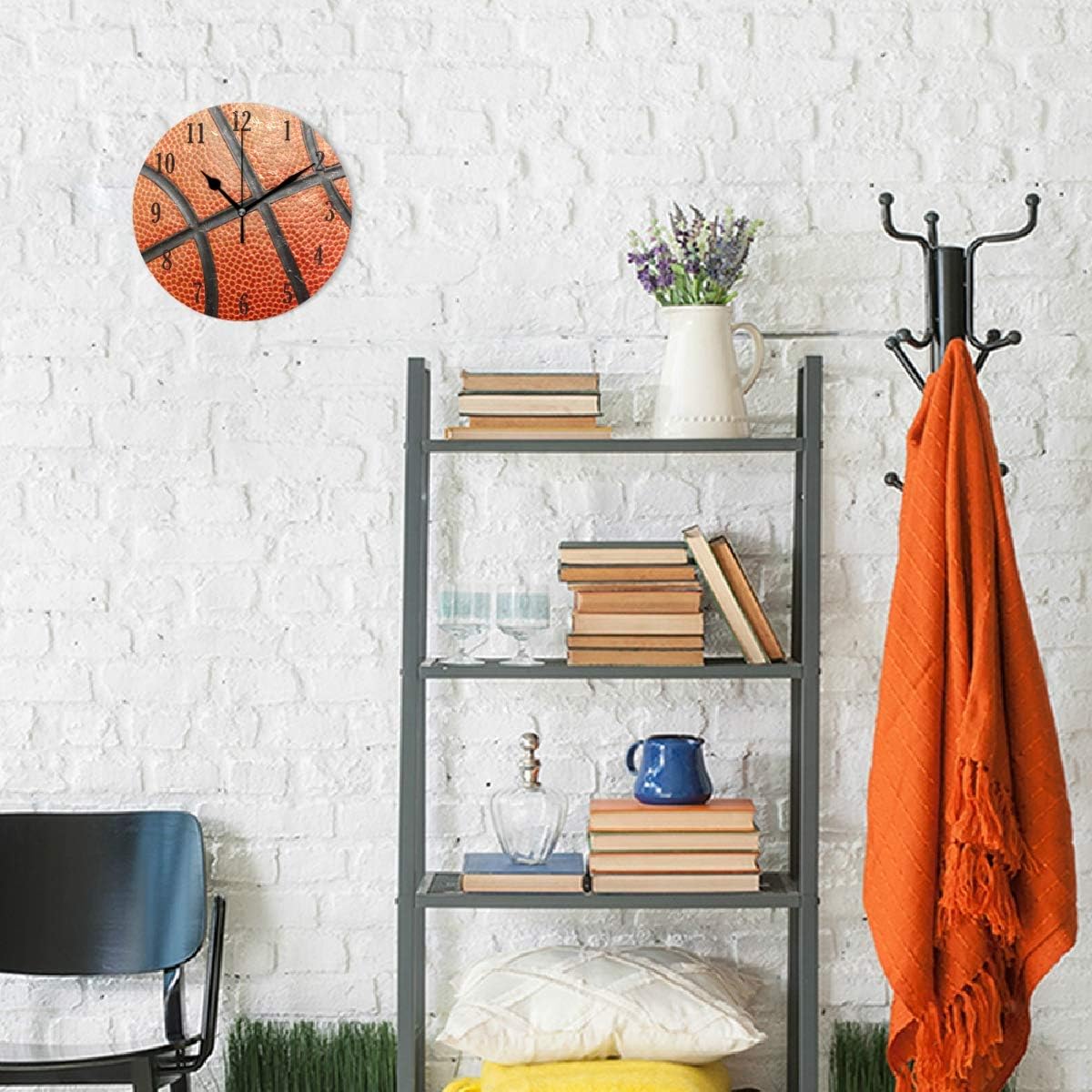 senya Round Basketball Pattern Wall Clock Battery Operated Accurate Sweep Movement,Decorative for Living Room, Bedroom, Office