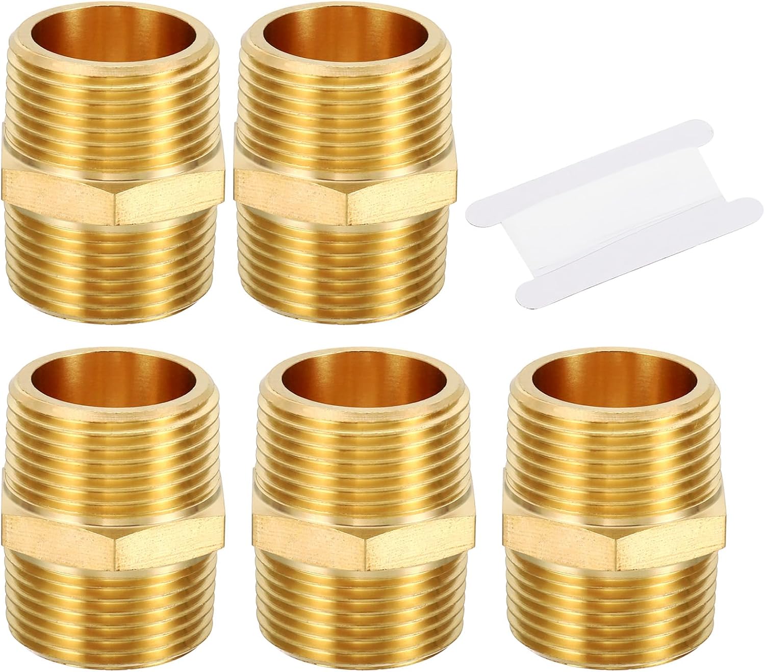PATIKIL Brass Pipe Fittings Coupler Set, 5Pcs 1" x 1" NPT Male Thread Brass Hex Nipple Coupling Reducer Adapter Tubing Connector Adaptor with PTFE Tape for Water, Air, Oil, Gas Line