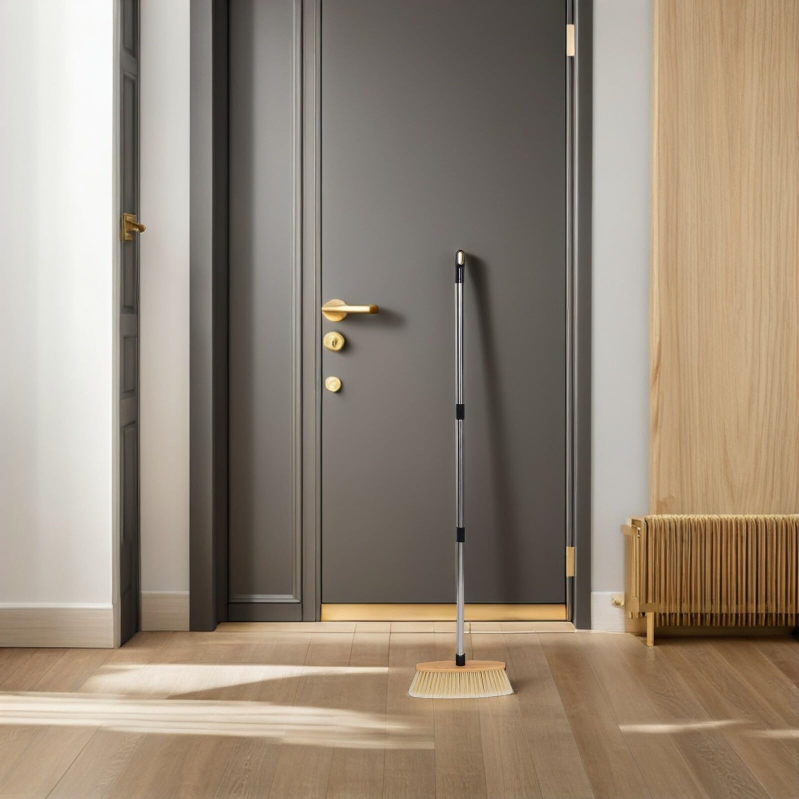 GARVALON Scopa in Legno con Manico in Acciaio Resistente Setole Dure per Pulizia Patio Giardino Pavimenti in Legno e Tappeti Ergonomica e Robusta per Uso Esterno e Interno