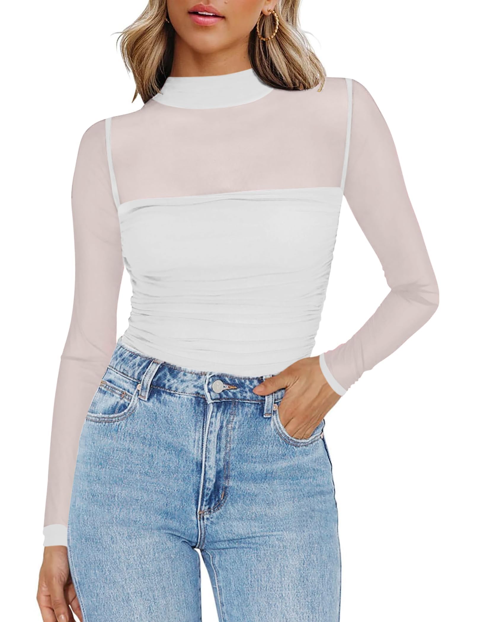 Zeagoo Mesh Oberteil Damen Transparentes Tshirt Rundhal Netz Shirt Langarm Sexy Party Tops Slim Fit Langarmshirt Clubwear