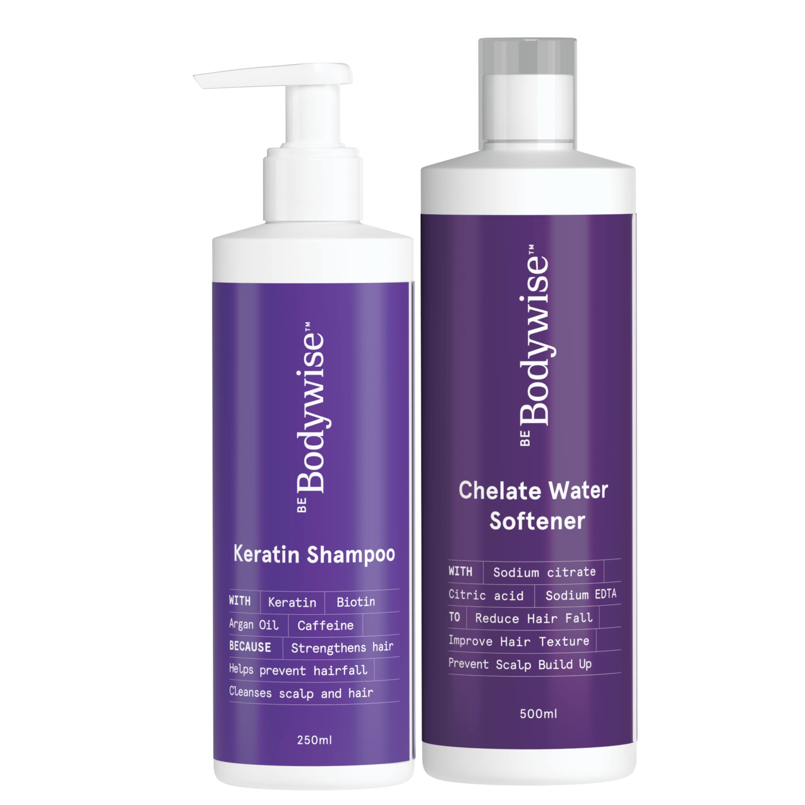 Bodywise Chelate Water Softener for Women 500ml & Biotin Rich Keratin Hair Fall Control Shampoo for Women 250ml | Paraben & Sulphate Free | Balances pH, Strengthens Hair & Improves Hair Texture