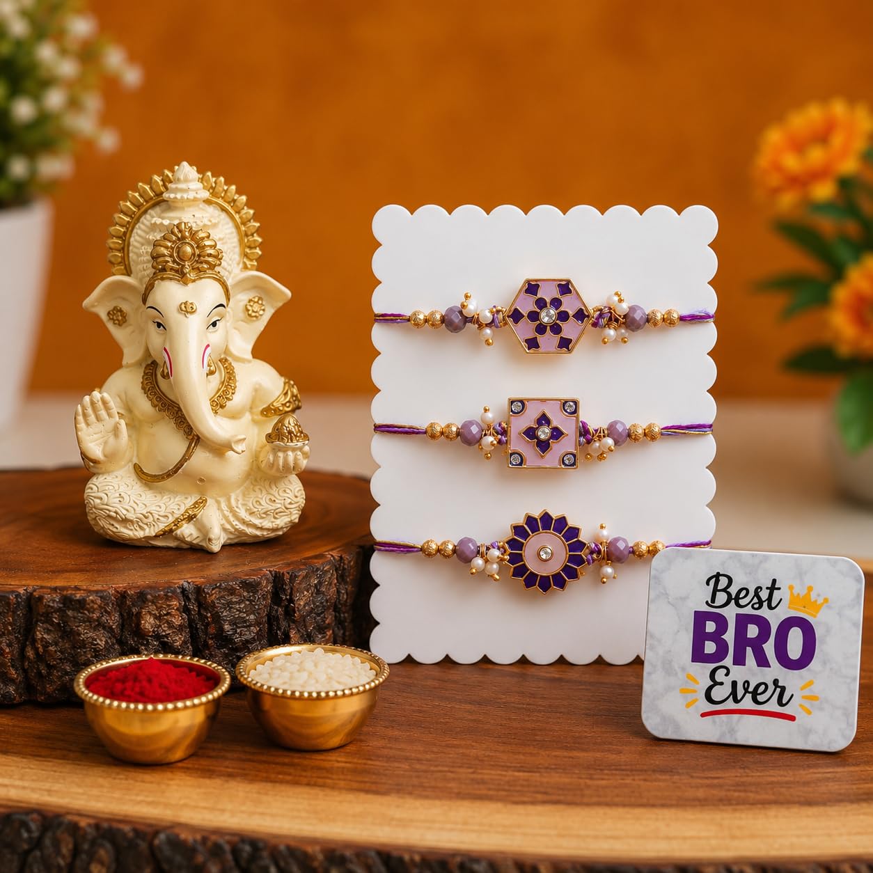 ecraftindia Designer Rakhi Set of 3 for Brother with Ganesha Showpiece & Best Bro Ever Fridge Magnet | Premium Beaded Th
