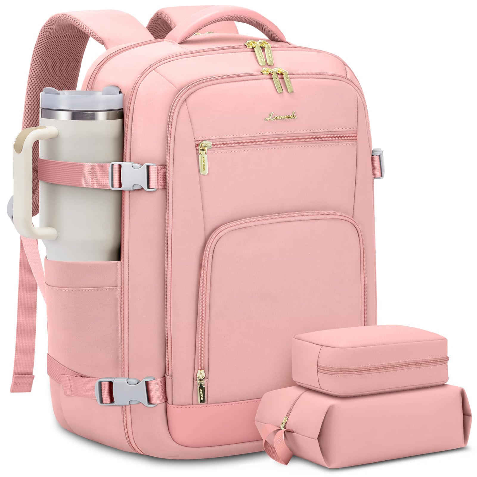 LOVEVOOK Travel Backpack For Women, 40L Carry On Backpack Flight Approved, TSA Personal Item Backpack Fits 17 Inch Laptop, Business Weekender Overnight Waterproof Daypack With 2 Packing Cubes, Pink