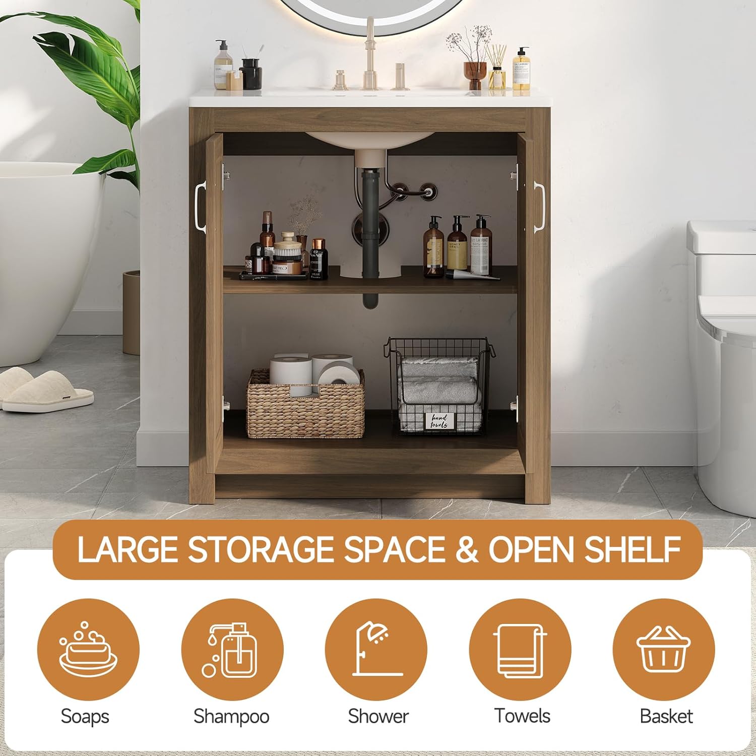 ONBRILL Farmhouse Bathroom Vanity with Sink, Freestanding Bathroom Vanities with Ceramic Basin & Soft-Close Door, Wood Cabinet with Adjustable Shelf for Apartment & Powder Room (Walnut, 30")