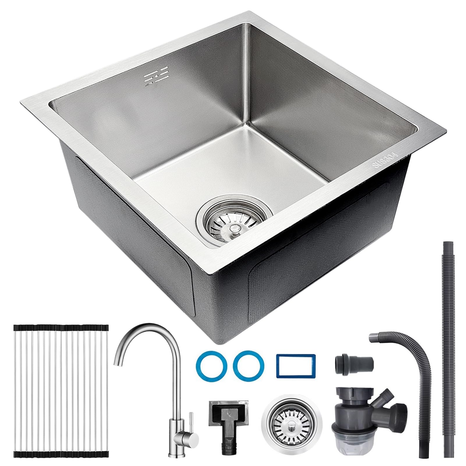 ZQFHSX 38x38 cm Stainless Steel Undermount Kitchen Sink with Tap Draining Board & Drain Set Scratch Resistant Small Single Basin Durable Modern Design