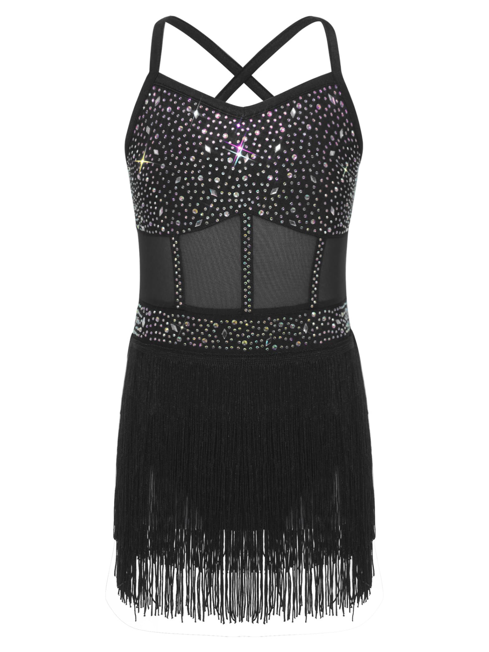 Vestido Baile Latino Niña con Brillo Vestido Charleston con Guantes con Franjilla Brillante Strass Traje Baile Moderno Cha Cha Salsa Y Jazz