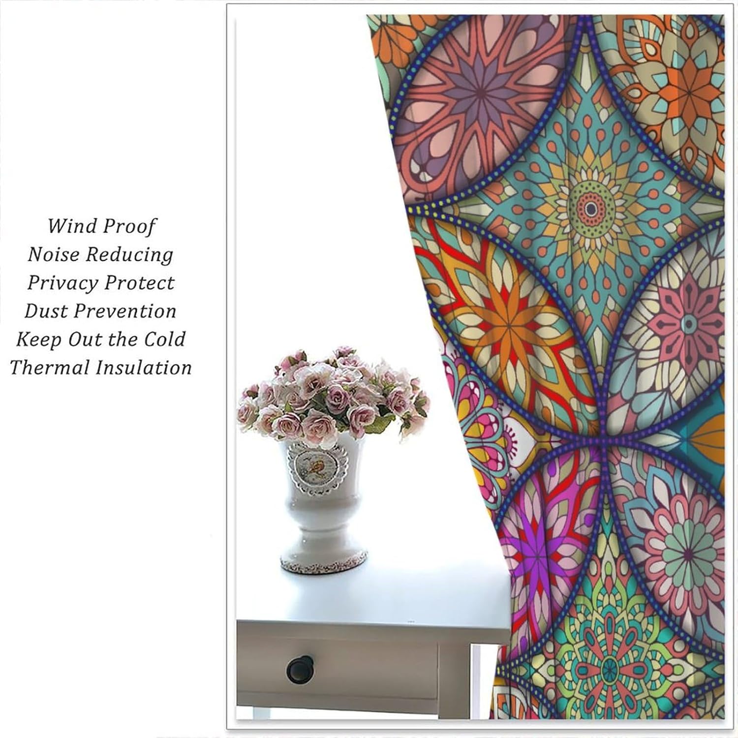 Ethnic Floral Curtains, Exotic Vivid Colorful Abstract Geometric Stained Glass Flower Pattern Window Treatments, Rod Pocket Blackout Home Decor Drapes For Living Room Bedroom Bathroom Kitchen 42x54in