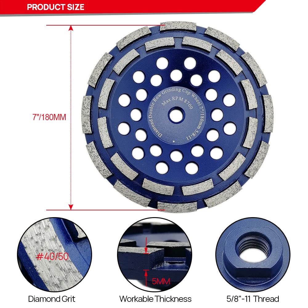 DT-DIATOOL Diamant broyage Tasse de Roue avec Double rangée soudées pour Granite Pierre Rigide et matériau de Construction de meulage Diamant Diamètre 10,2 cm 11,4 cm 12,7 cm 17,8 cm 7 inch Bleu