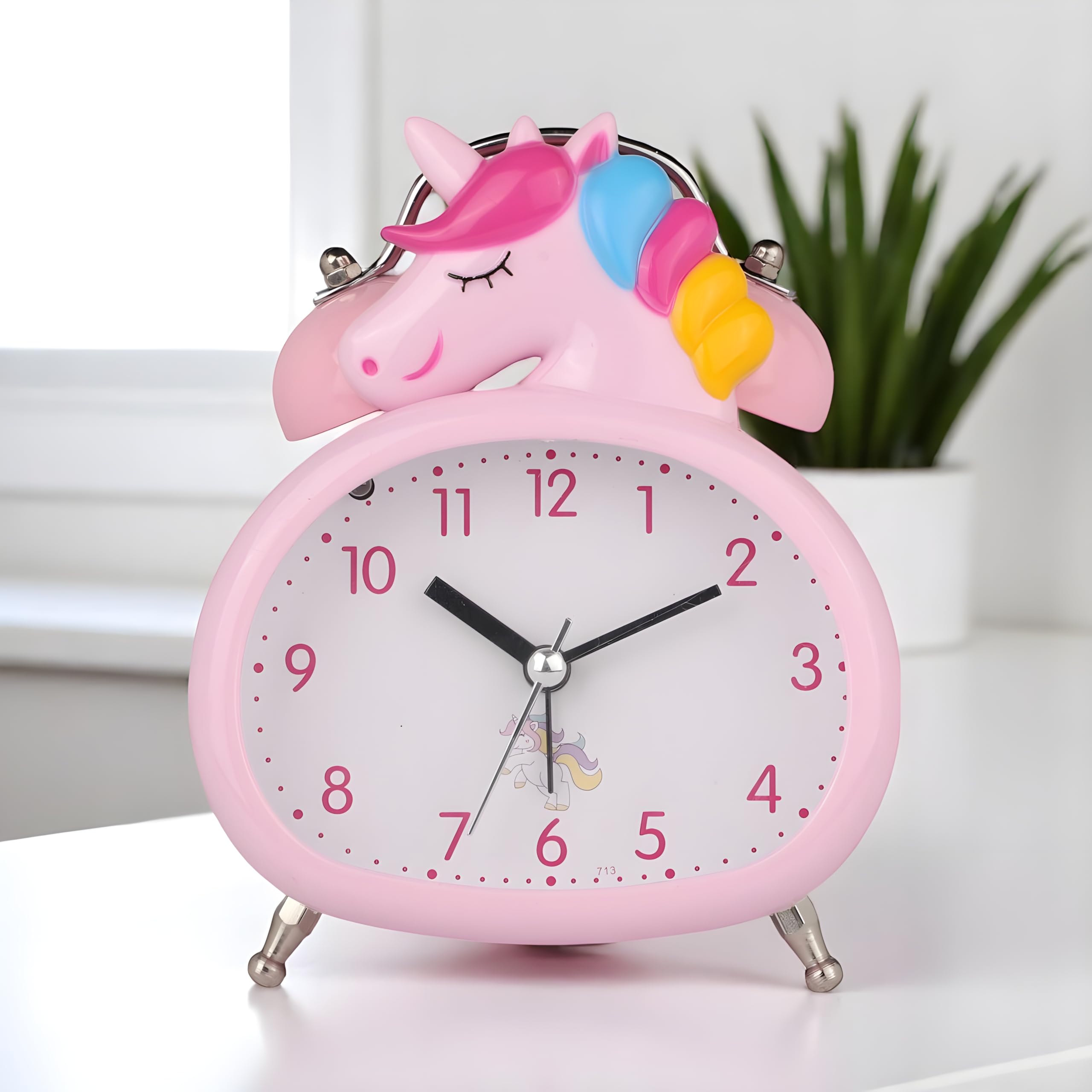 De'rons Twin Bell Analog Table Alarm Clock with Backlight for Heavy Sleepers Loud Alarm Clock for Students Funny Cute Cartoon Unicorn Shape Alarm Clock for Girls Kids Boys Bedroom 13.5 x 10 cm (Pink)