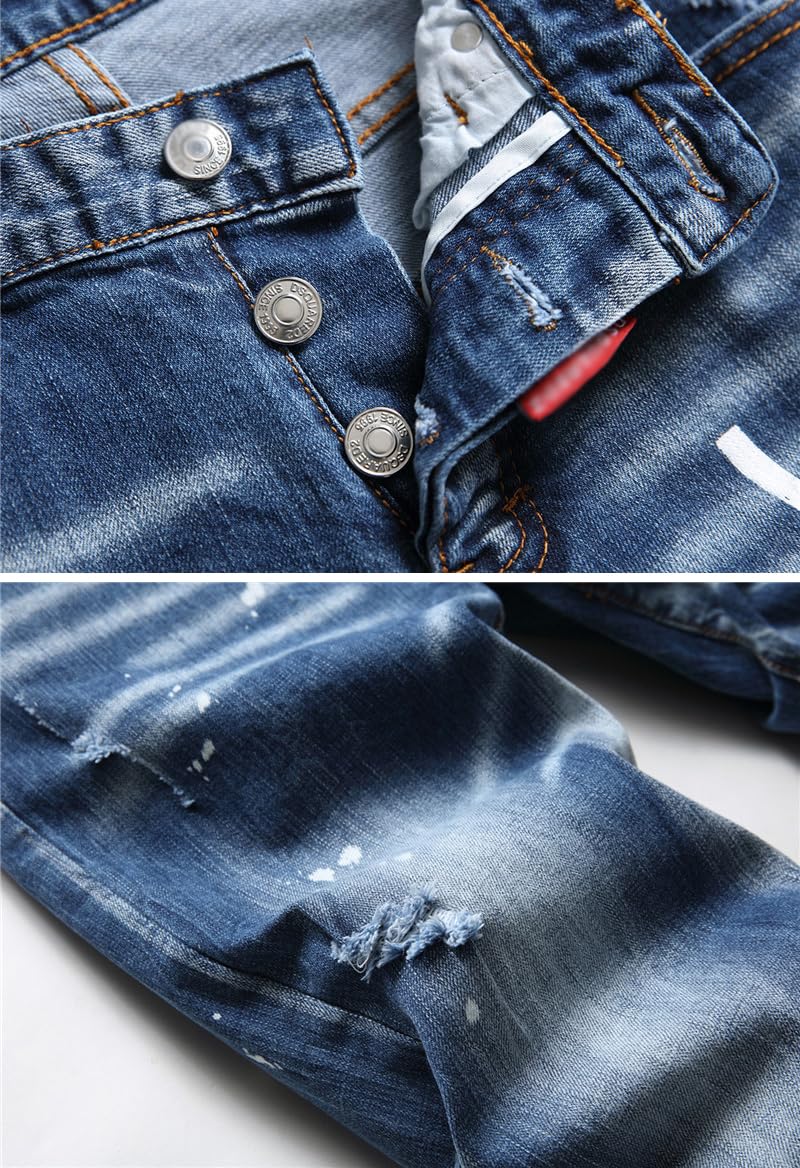 Jeans Uomo Slim Fit Strappati - Pantaloni in Denim Elasticizzato con Spruzzi di Inchiostro, Stile Urban e Streetwear Y2K