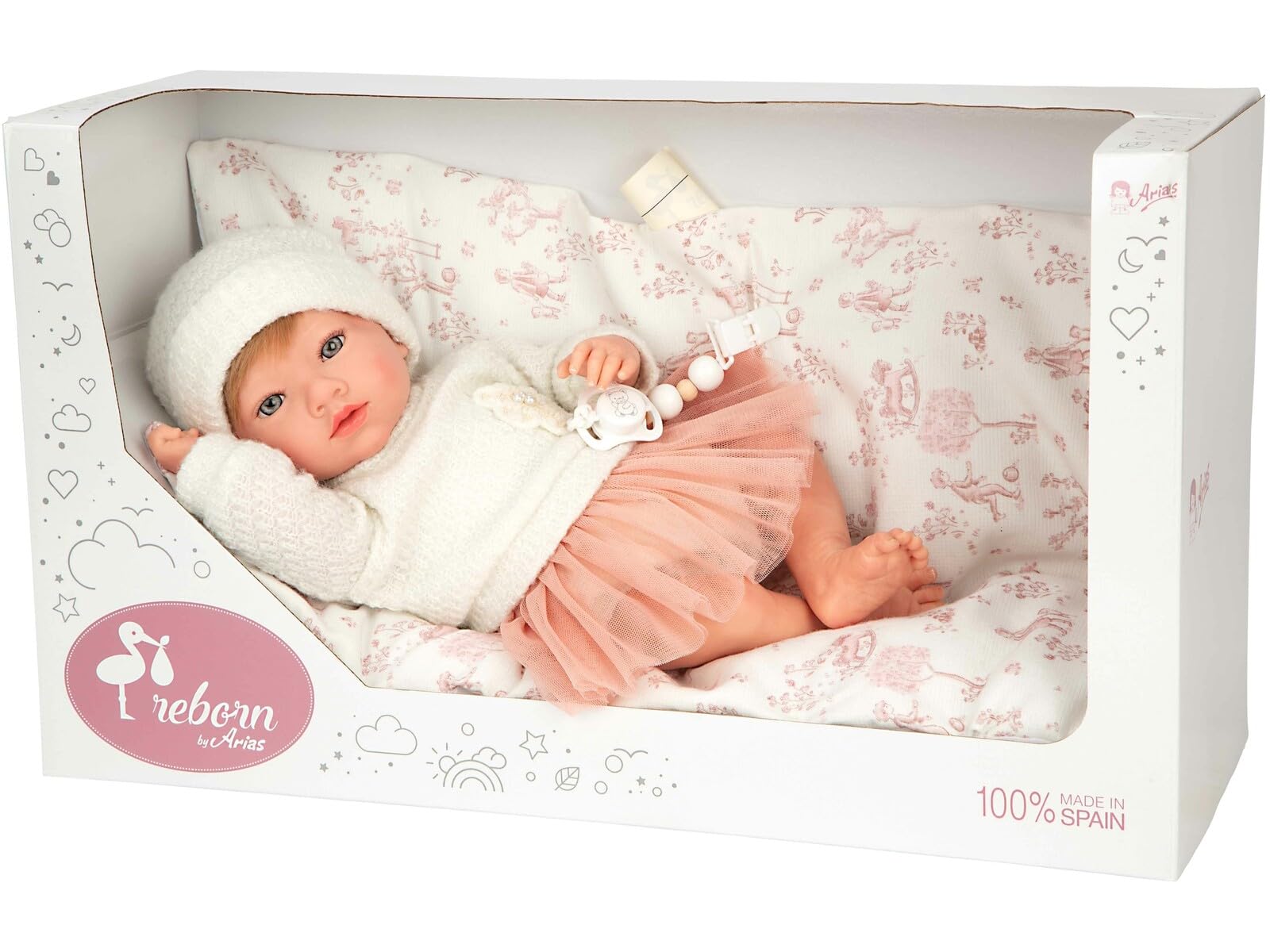 ARIAS - Reborn 40 cm Julia. Bambino realistico con vestiti rosa e bianchi. Include cuscino, ciuccio, ciuccio, pannolino, libro della famiglia e certificato di autenticità. Giocattolo Bambini +3 anni