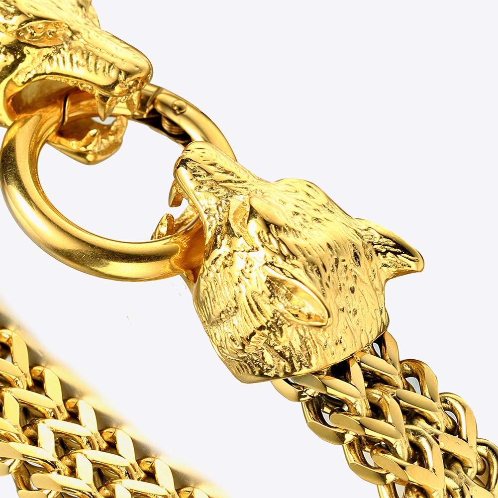 YABEME Viking Double Headed Wolf Fenrir Armband Edelstahl 18 Karat Vergoldet Kubanische Drachenkette Nordic Odin Celtic Pagan Rune Amulett Schmuck Geschenk