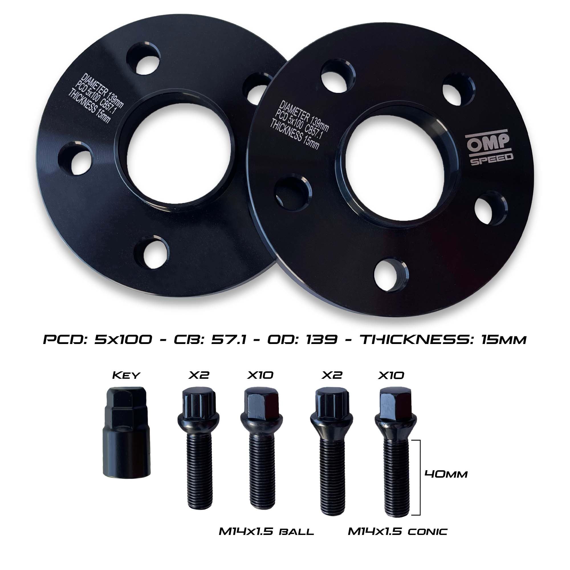 OMP Speed Juego de 2 Separadores Doble Centrado Grosor: 20mm PCD: 4x98 CB: 58.1 OD: 139 Tornillo x8 M12x1.25 Conico Negro Aluminio - OMPS08352001