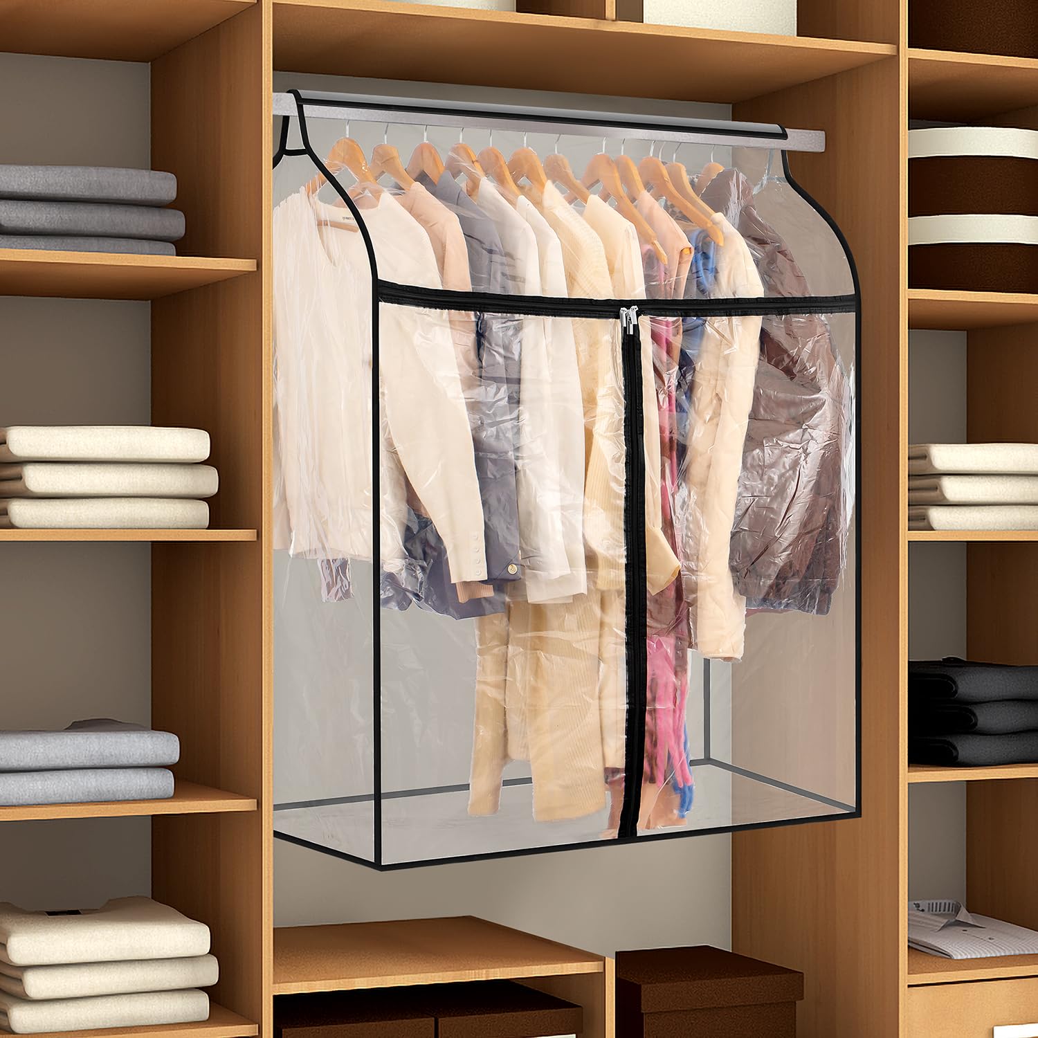 Bolsa de ropa colgante para armario, almacenamiento de ropa de invierno con ventana transparente, bolsa grande para ropa con cremallera, protector de vestido a prueba de polvo (grande)