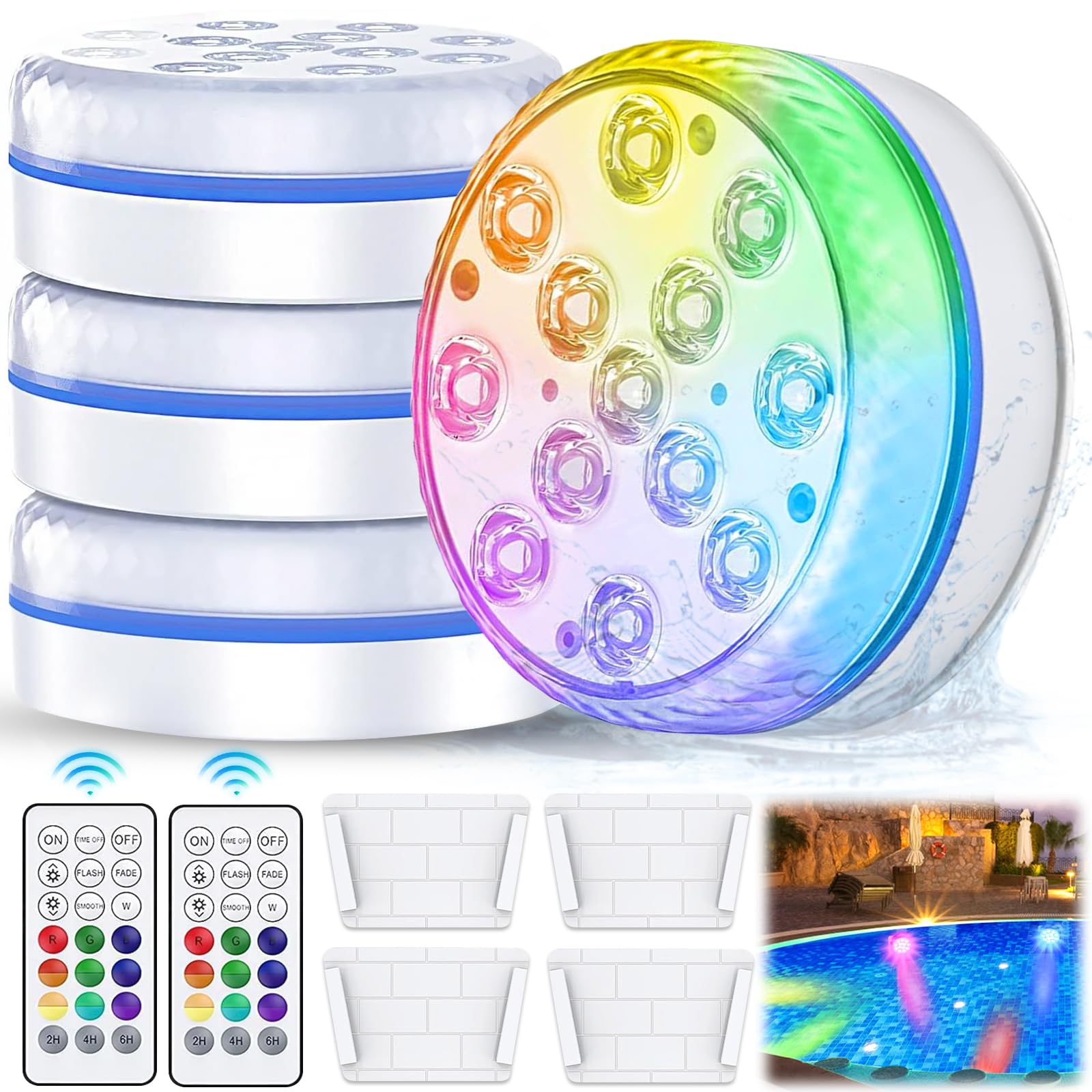 Lumiere piscine,4 Pcs LED Piscine Sous l'eau,16 RGB LED EclairagePiscine,Télécommande Lampes IP68 Jardin Etanche lumièrepiscine,lampe piscines pour Aquarium Baignoire piscines hors sol
