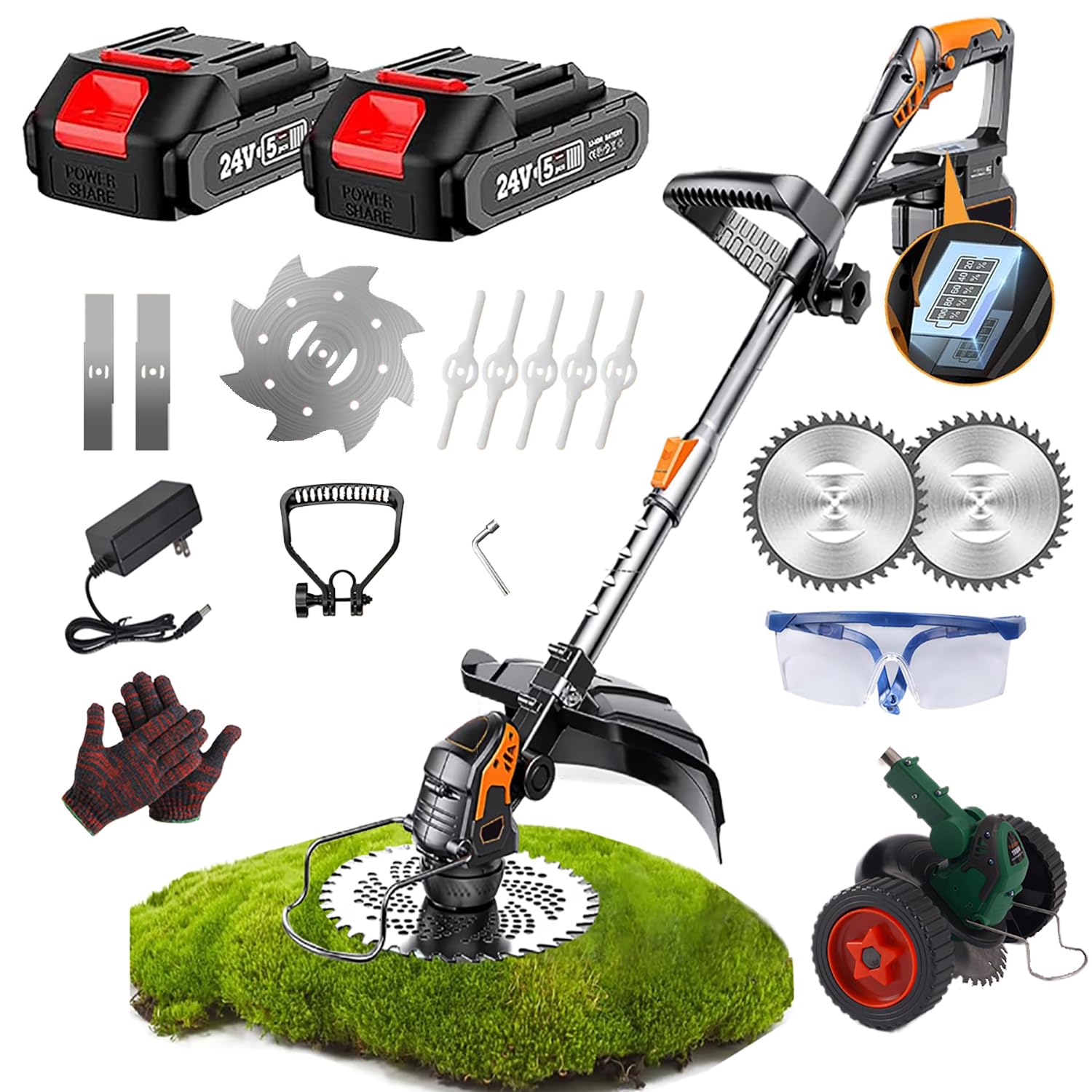 Desbrozadora Electrica Bateria Profesional,Recortadora De Cortabordes Bateria 24v, 4 In1 Cortabordes Bateria con 4 Tipos De Cuchillas, Cabezal Desbrozadora 90° para Césped Jardín Poda (Tiene Ruedas)
