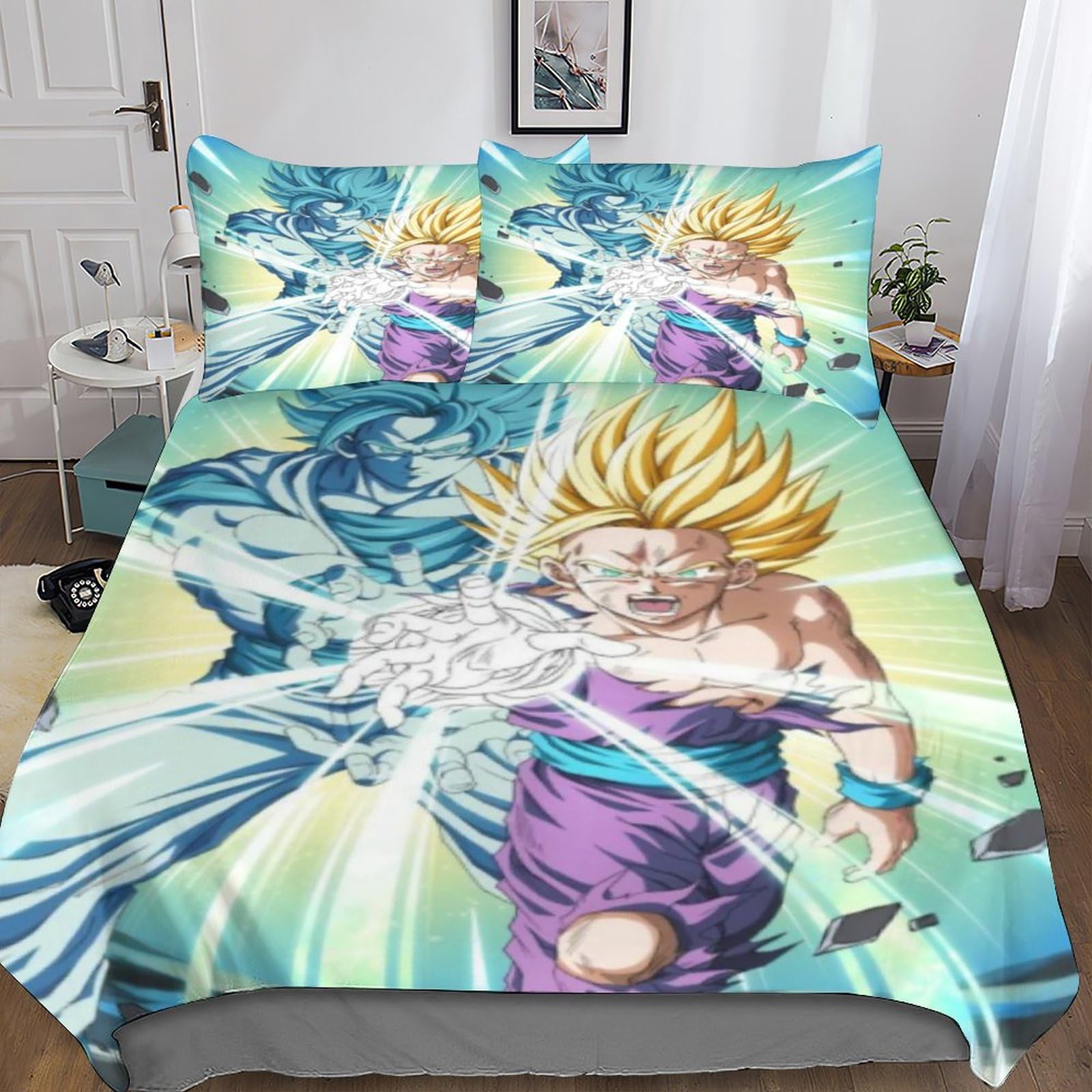 Goku 3 Piece Set Printed Duvet Cover Bed Set, Bedding Set, Soft Cartoon Comforter Cover With Zipper Quilt Cover & Pillowcaseswith Zipper Closure Microfiber King（220x240cm）