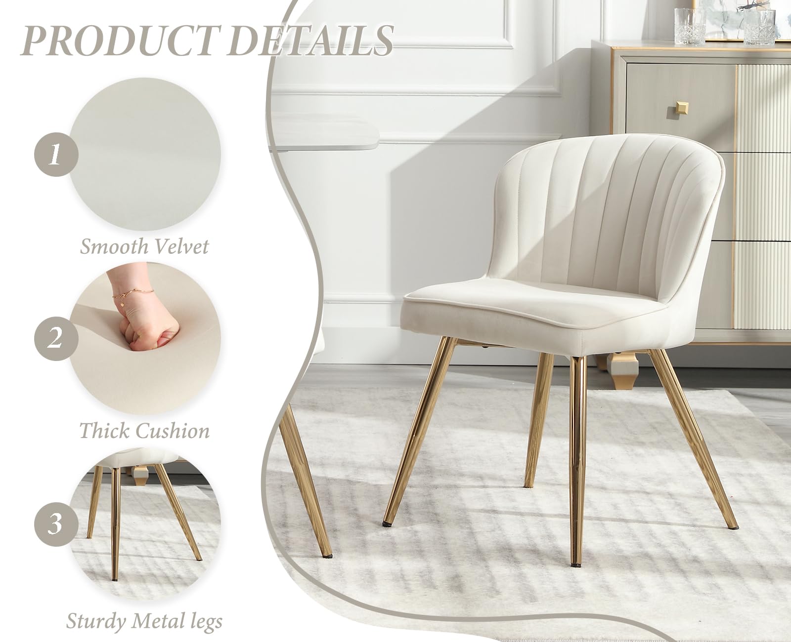 Ya-Home Set di 2 Sedie da Pranzo in Velluto con Gambe in Metallo, Beige