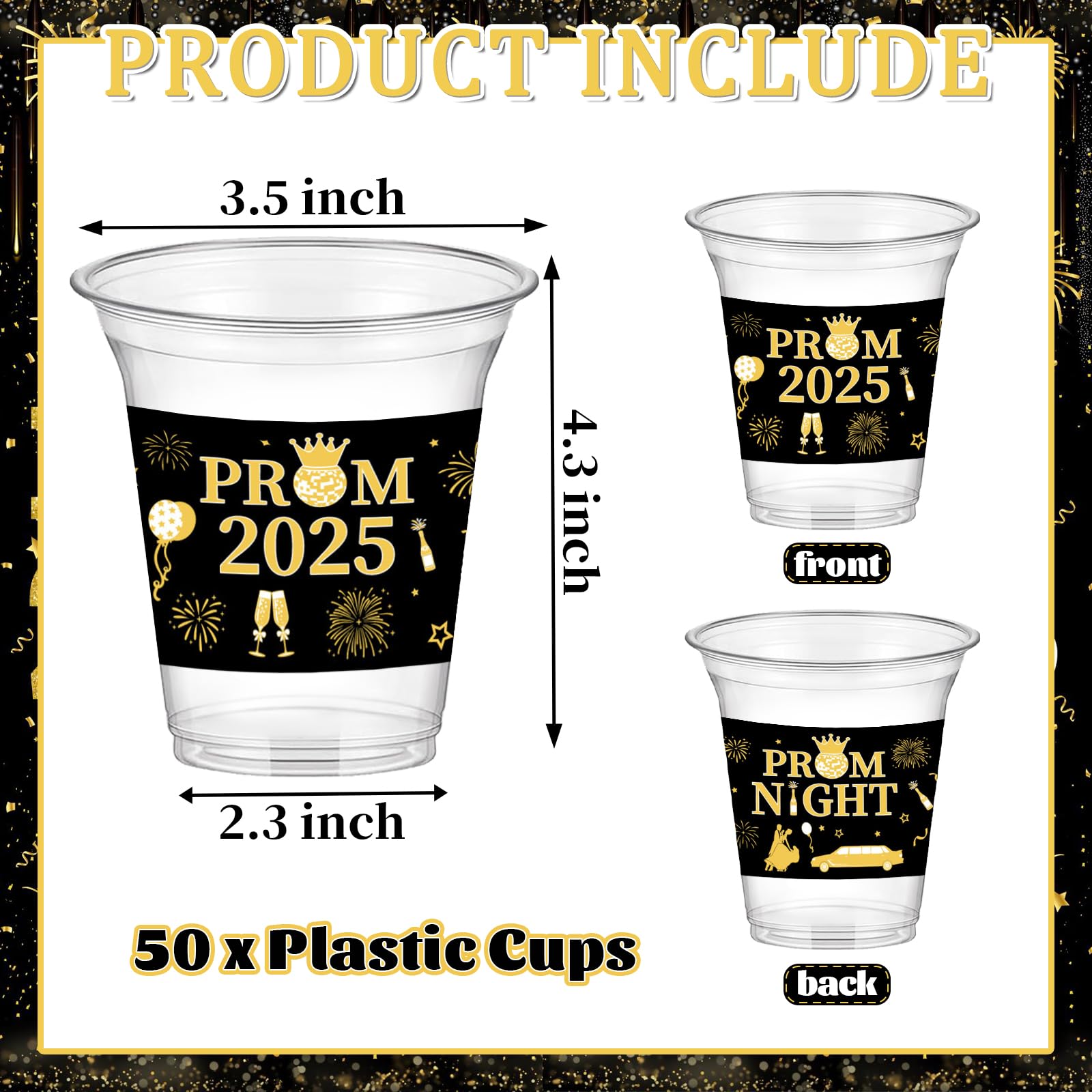 HABDJILTY 50Pcs 2025 Graduation Prom Cups 12oz Disposable PET Black and Gold Plastic Drinking Cups Bulk for Graduation Prom Night Party Supplies