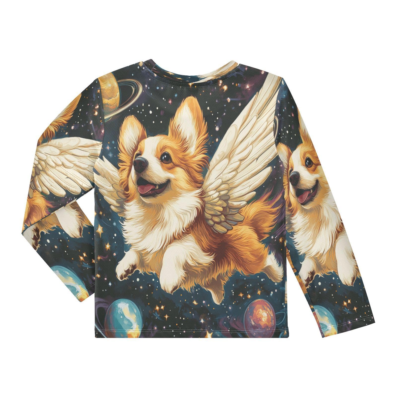 DOMIKING Winged Corgi Planets Star Black Boys Long Sleeve Rashguard Shirt Kids Quick Dry Swim Shirt for Kids Toddlers 11-12T