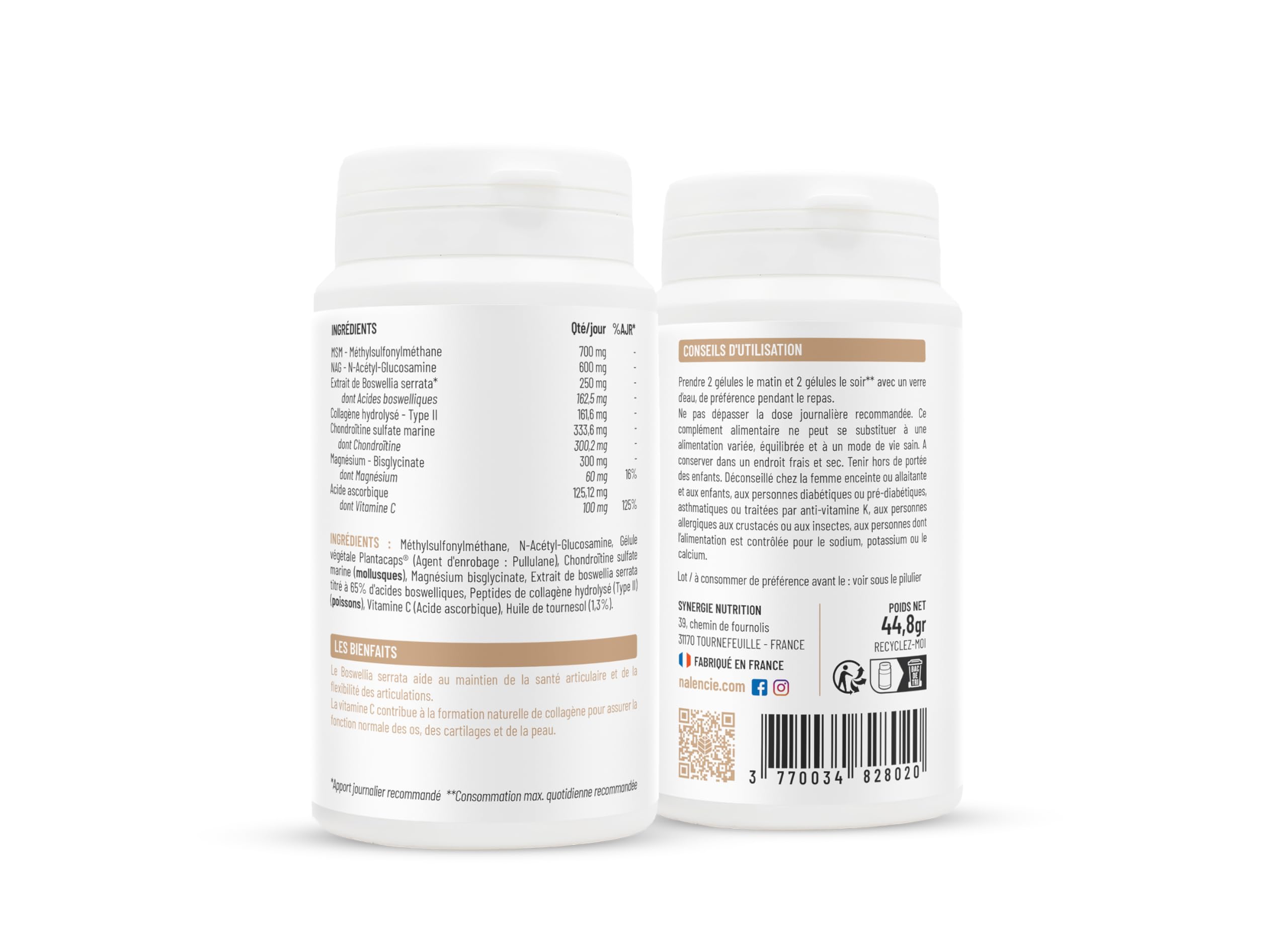 Formule Articulations Complète - Anti douleurs - 7 Actifs : Glucosamine, Chondroïtine Marine, MSM, Collagène Marin, Boswellia, Vitamine C, Magnésium – 60 Gélules – Fabrication Française