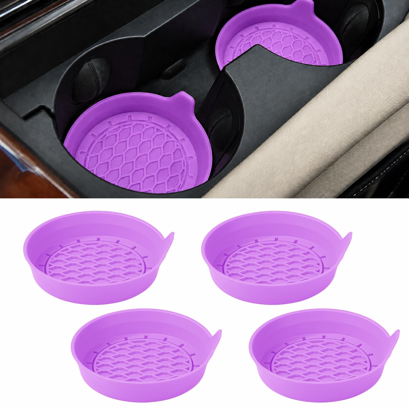 Alieemo 4PCS Car Cup Holder Coasters - Silicone Non-Slip Vehicle Cup Recessed Mats - Spill-Proof Automotive Interior Drink Insert Decor Accessories - Universal for SUV, Sedan, Truck (Violet)
