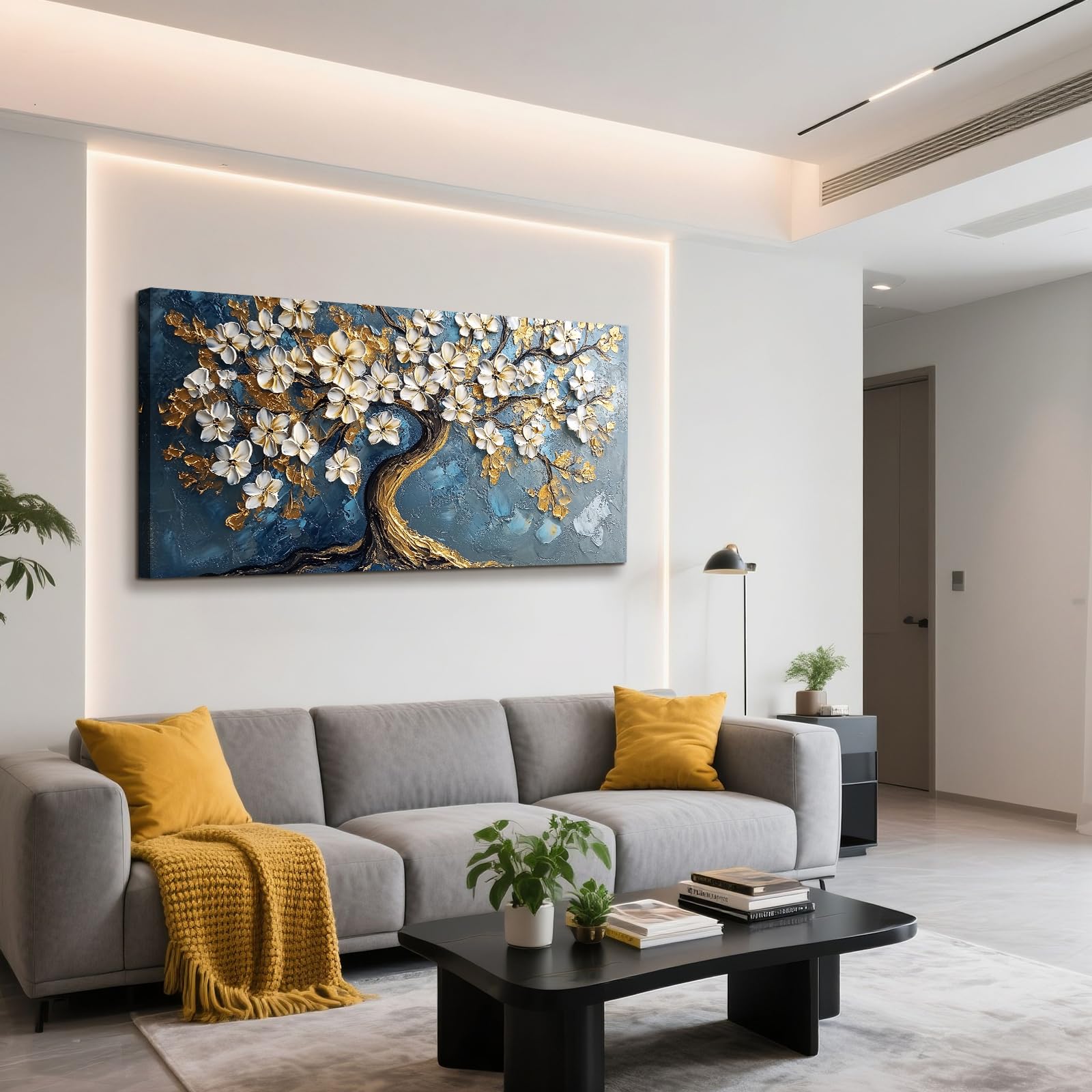 JHHUAMO Leinwand Bilder Groß, Modernes Wohnzimmerbilder, Weiße Blumen auf dem Baum des Lebens Ölgemälde, Wanddekoration Ästhetisches für Schlafzimmer Büro Treppe Esszimmer Arbeitszimmer Flur 73x146 cm