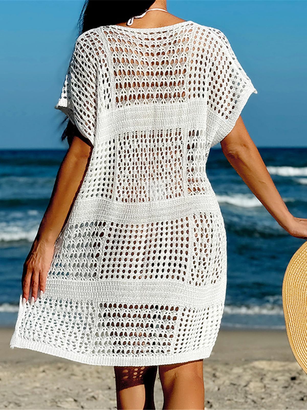 Copricostume Donna Sexy manica corta scava fuori tunica lavorata a maglia all'uncinetto Copricostume da spiaggia Copricostume Abito da spiaggia Abbigliamento da spiaggia Abbigliamento da spiaggia Donn