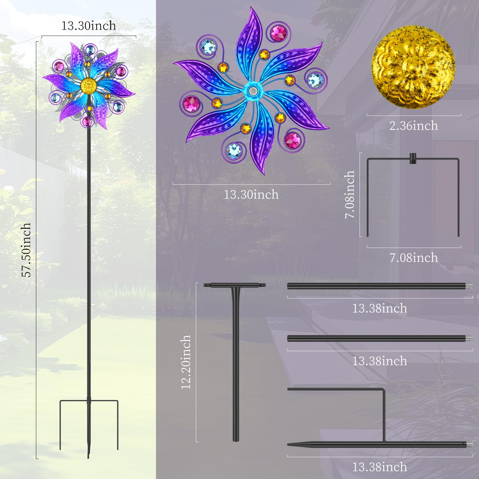 HJ24030 - Molinillo de viento para exteriores, diseño de flores moradas con estaca de metal, decoración artística de patio para patio, césped y jardín, regalos creativos de 57.5 x 13.3