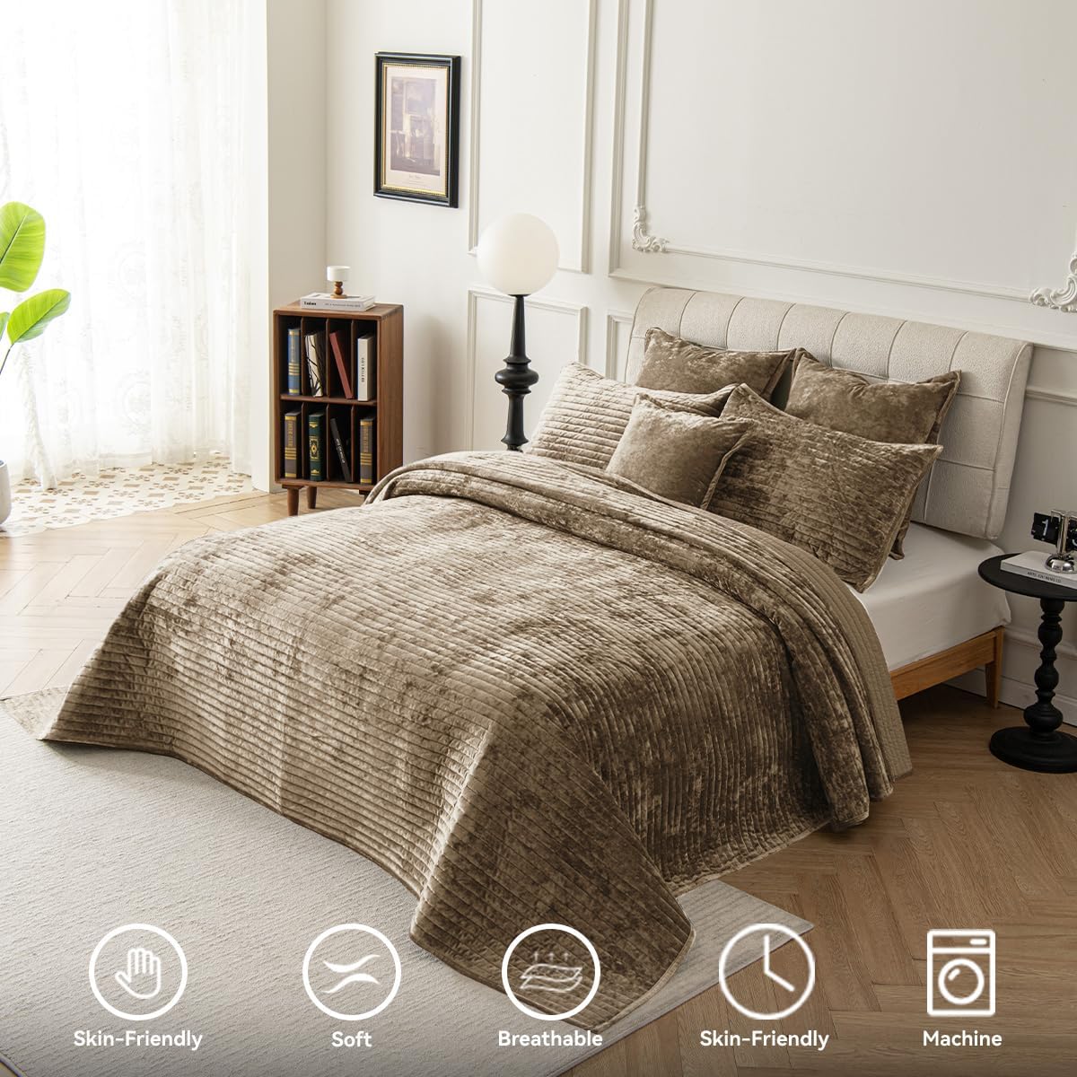 Velvet California King Size Bedding Set 106x118 Pack of 3 Soft Striped Quilt Set Includes 2 Pillowcases 20×36 Lightweight Comfort for All-Season,Brown