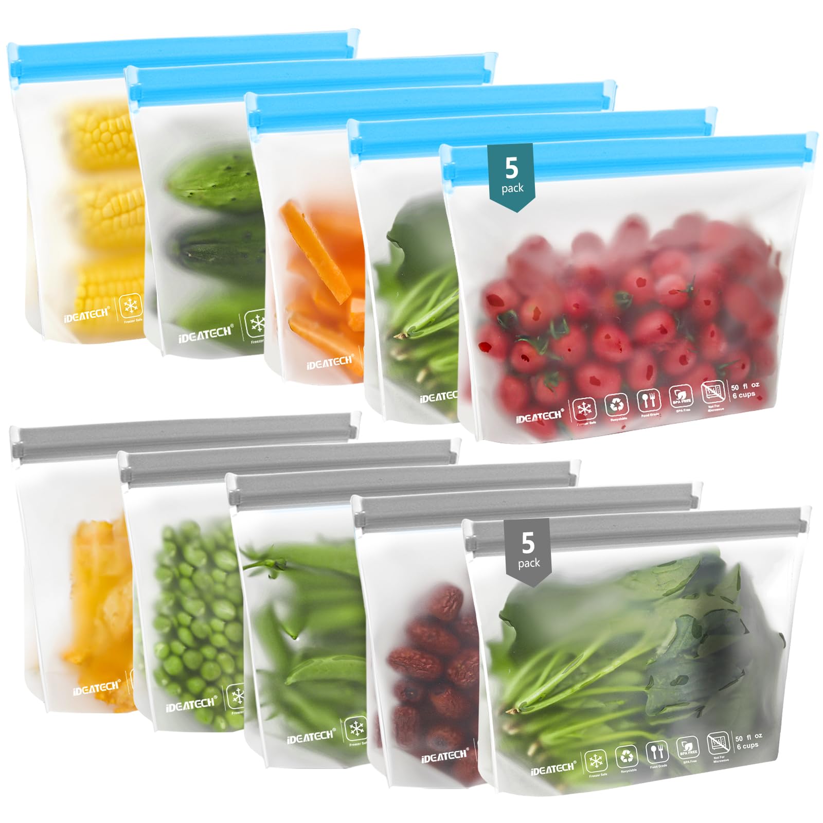 IDEATECH Quart Freezer Bags, BPA Free PEVA Reusable Sandwich Snack Bags, Quart Size Food Baggies Containers for Travel, Lunch, Healthy Food (10Pack-10Quart, Colored)