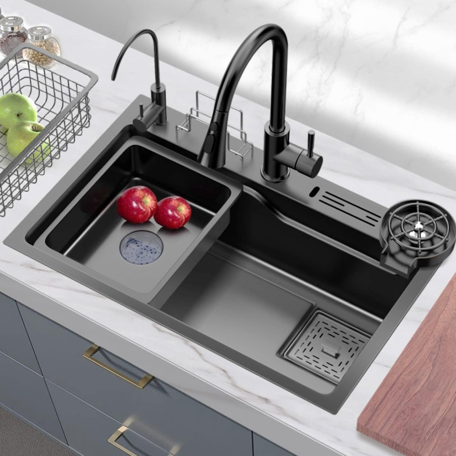 SDdPulse Premium Stainless Steel Bar Sink with Glass Rinser and Faucet - Waterfall Multi Function Kitchen Sink for Home and Commercial Use, Black, 68 x 45 cm