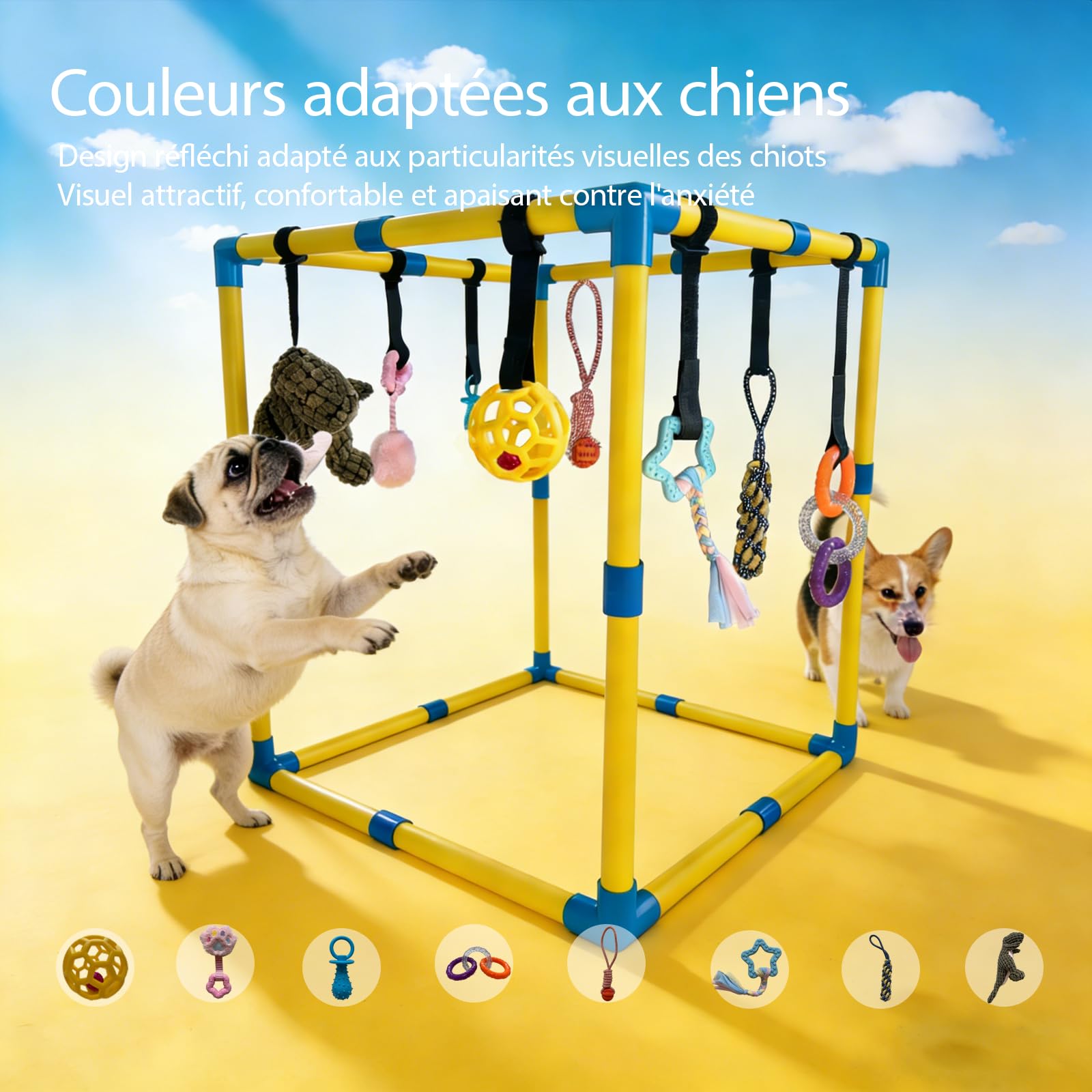 Aire de jeux pour chiot, Jouets d'enrichissement pour chiot pour les garder occupés, 9 jouets suspendus détachables/remplaçables pour chiot, Jouets pour chien pour s'amuser et faire de