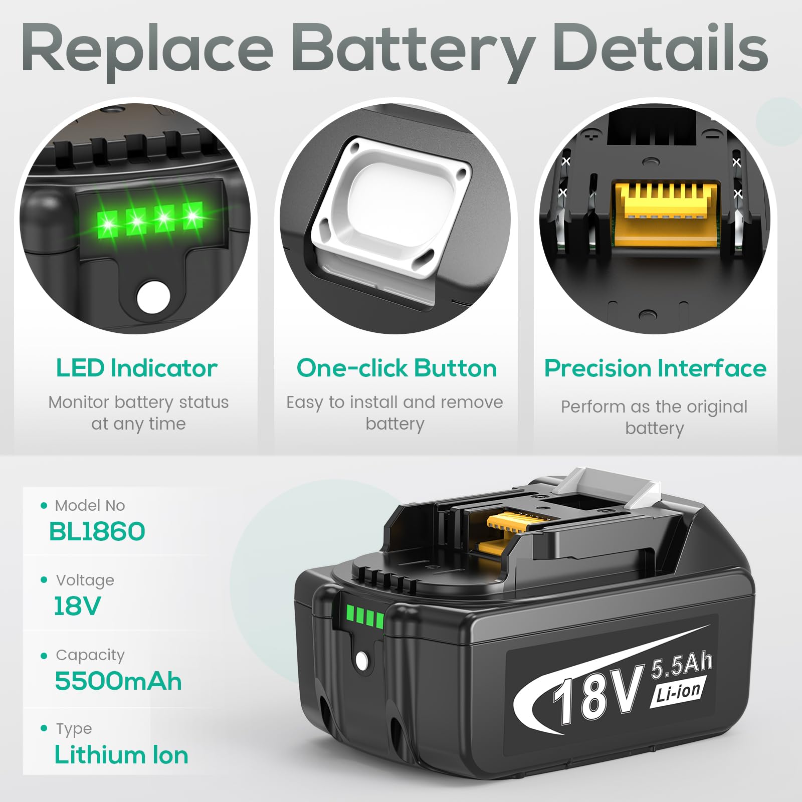 2 batteries 5,5 Ah et chargeur à 2 ports pour Makita LXT, compatibles avec les batteries Makita 14,4 V-18 V Li-ion BL1815 BL1830 BL1850 BL1430 BL1860 et chargeur rapide DC18RD